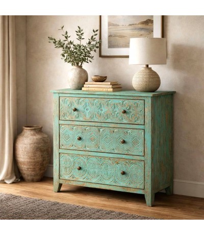 Cómoda madera maciza de mango tallada verde decapada clásico vintage Mdmhogar