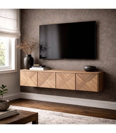 Mueble de televisión flotante madera acacia natural 4 puertas Mdmhogar