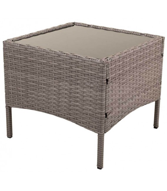 Set mesa y dos sillones de ratán sintético gris cojines crudo 1