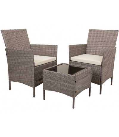 Set mesa y dos sillones de ratán sintético gris cojines crudo