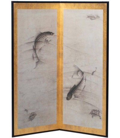 Cuadro estilo oriental lienzo pan de oro vertical diseño koi 1