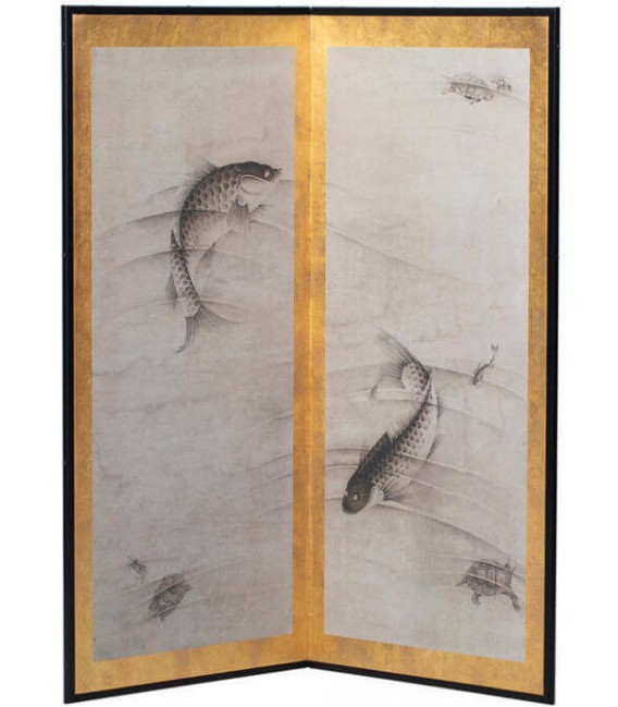 Cuadro estilo oriental lienzo pan de oro vertical diseño koi 1