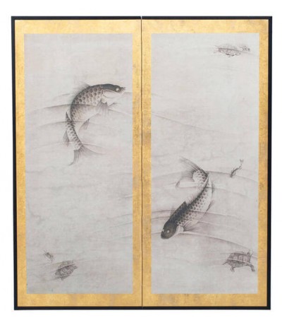 Cuadro estilo oriental lienzo pan de oro vertical diseño koi