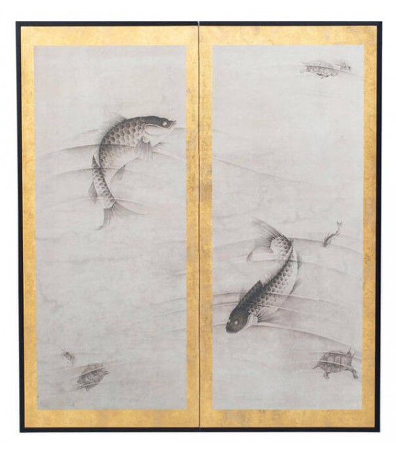 Cuadro estilo oriental lienzo pan de oro vertical diseño koi