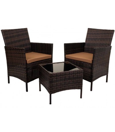 Set exterior de ratán sintético nogal con mesa y dos sillones