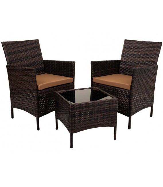 Set exterior de ratán sintético nogal con mesa y dos sillones