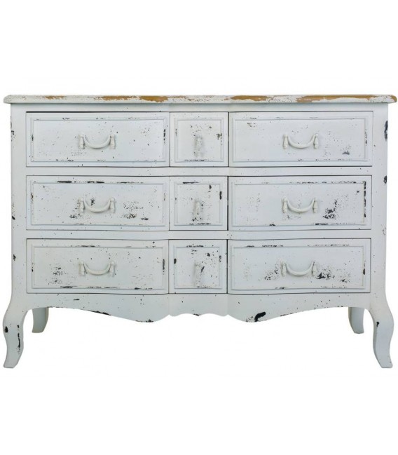 Cómoda en blanco rozado de madera maciza abeto con nueve cajones 2