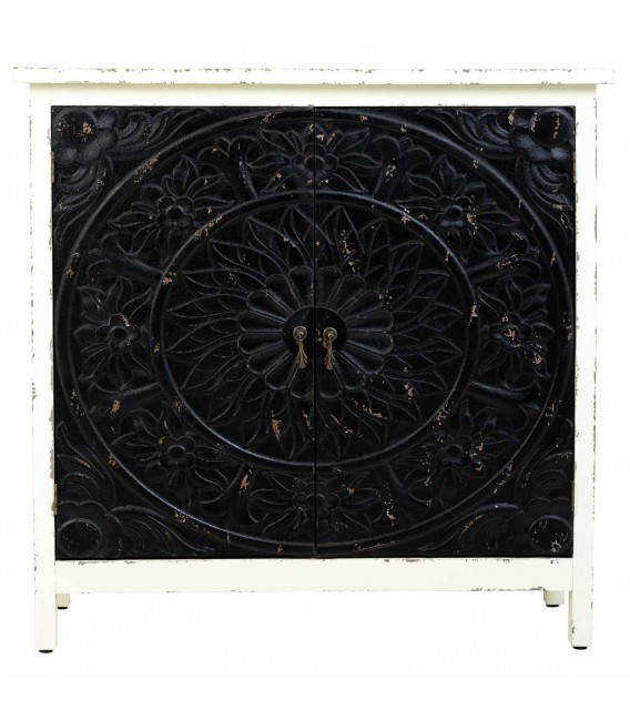 Aparador estilo colonial de madera tallada negro y blanco rozado 2