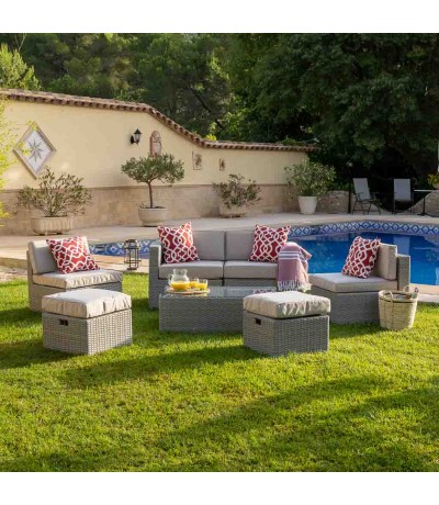 Set de exterior de ratán gris con sofá sillones mesa y reposapiés mdmhogar