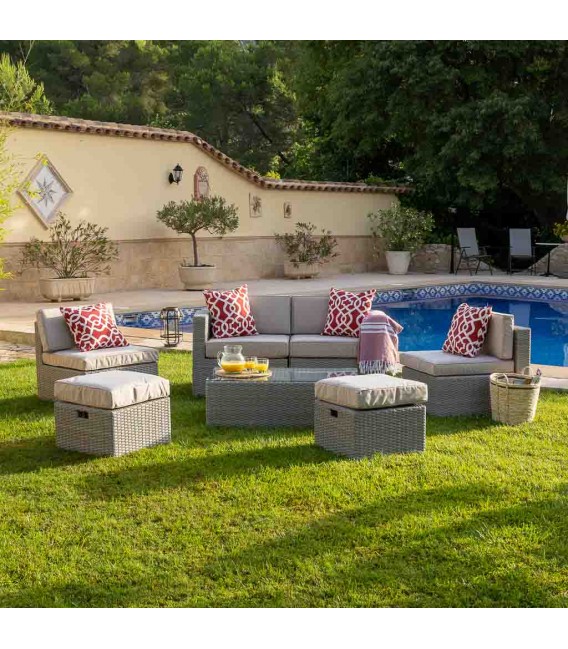 Set de exterior de ratán gris con sofá sillones mesa y reposapiés mdmhogar