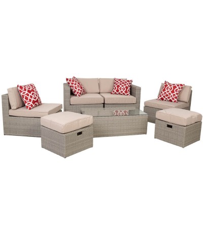 Set de exterior de ratán gris con sofá sillones mesa y reposapiés