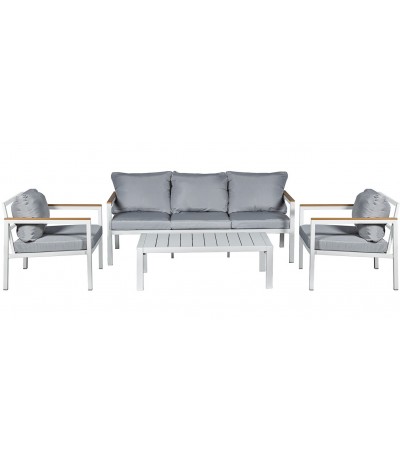 Set de exterior en aluminio color blanco con sofá y sillones
