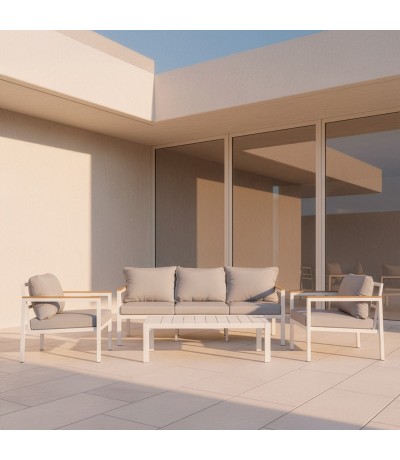 Set de exterior en aluminio color blanco con sofá y sillones mdmhogar