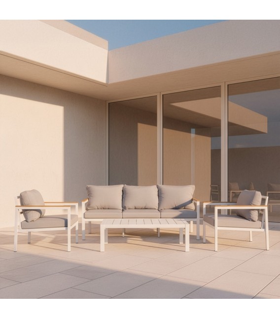 Set de exterior en aluminio color blanco con sofá y sillones mdmhogar