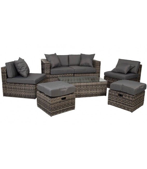 Set de exterior ratán gris oscuro con sofá con sillones y mesa
