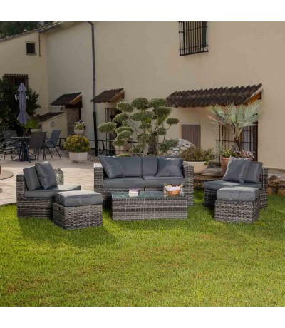 Set de exterior ratán gris oscuro con sofá con sillones y mesa mdmhogar