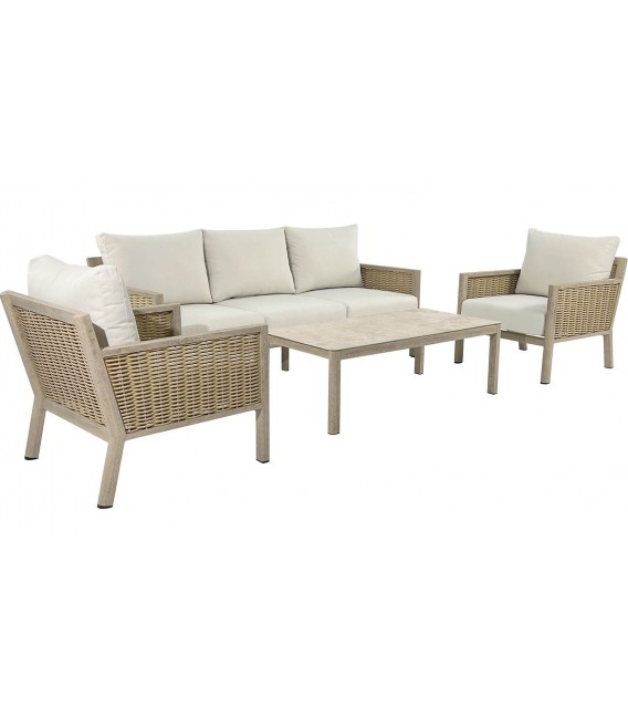 Set de exterior ratán natural con sofá mesa de centro y sillones