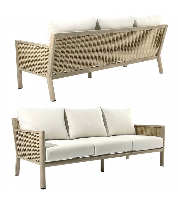 Set de exterior ratán natural con sofá mesa de centro y sillones 1