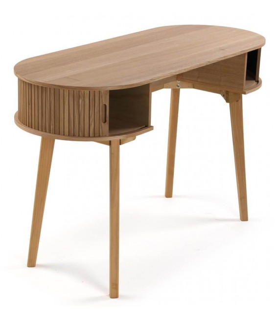 Escritorio nórdico  forma ovalada madera natural 2 puertas persiana 5