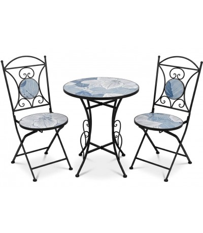 Set de mesa y sillas plegables cerámica azul y blanco con metal