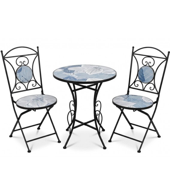 Set de mesa y sillas plegables cerámica azul y blanco con metal