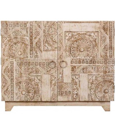 Taquillón estilo étnico madera mango tallada crema con puertas 1