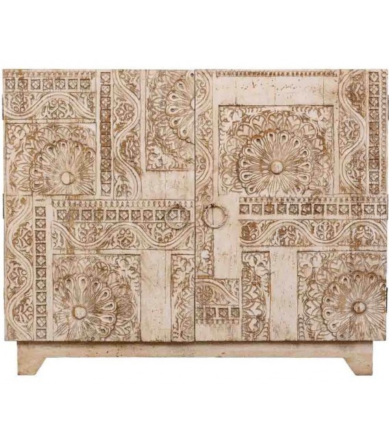 Taquillón estilo étnico madera mango tallada crema con puertas 1
