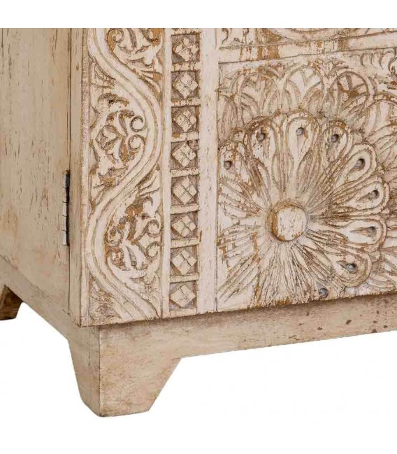 Taquillón estilo étnico madera mango tallada crema con puertas 7
