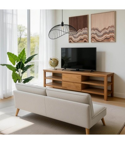 Mueble de TV madera de pino natural con dos cajones estilo boho mdmhogar