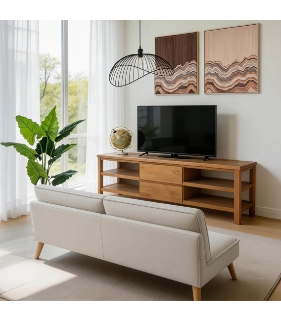 Mueble de TV madera de pino natural con dos cajones estilo boho mdmhogar