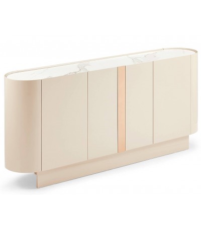 Aparador de madera beige mármol blanco detalle dorado moderno