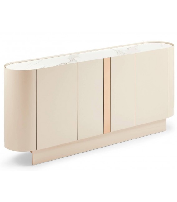 Aparador de madera beige mármol blanco detalle dorado moderno