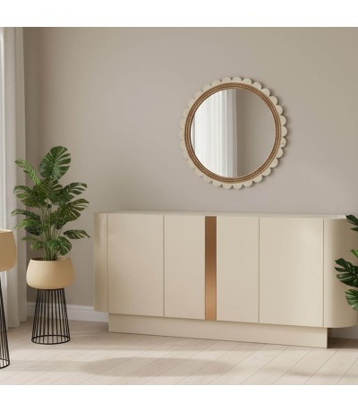 Aparador de madera beige mármol blanco detalle dorado moderno Mdmhogar