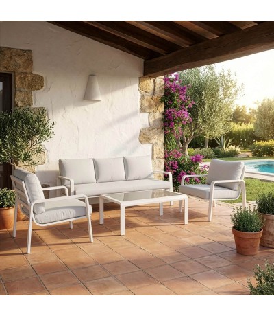 Set jardín aluminio blanco sofá sillones mesa exterior moderno mdmhogar