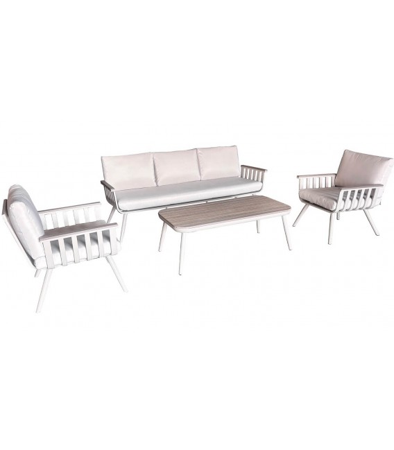 Set jardín de aluminio madera crema sofá sillones mesa moderno