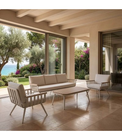 Set jardín de aluminio madera crema sofá sillones mesa moderno mdmhogar