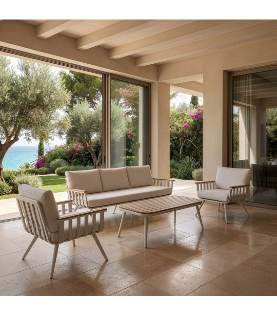 Set jardín de aluminio madera crema sofá sillones mesa moderno mdmhogar