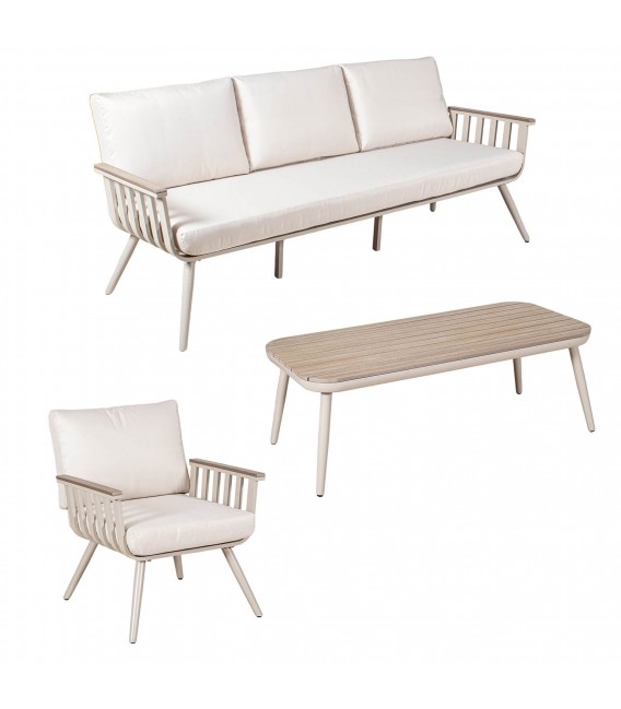 Set jardín de aluminio madera crema sofá sillones mesa moderno 1