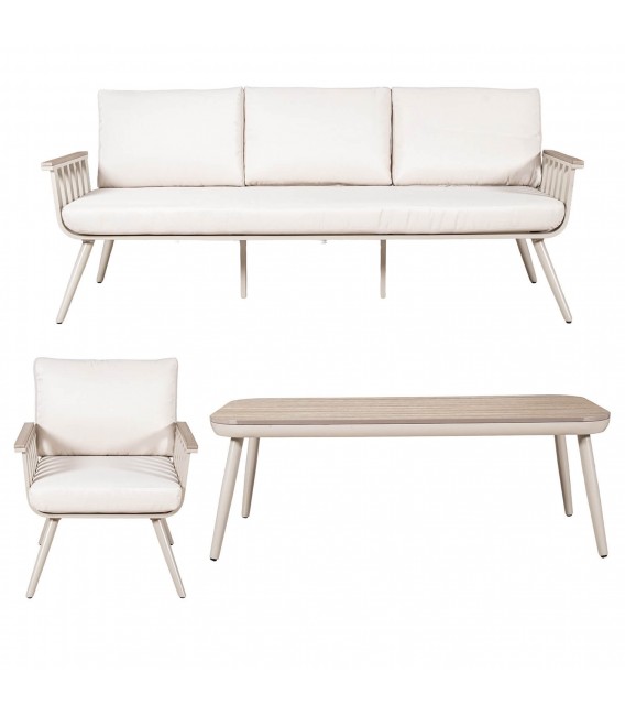Set jardín de aluminio madera crema sofá sillones mesa moderno 2