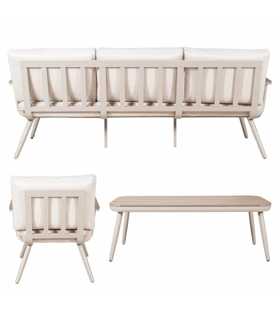 Set jardín de aluminio madera crema sofá sillones mesa moderno 4