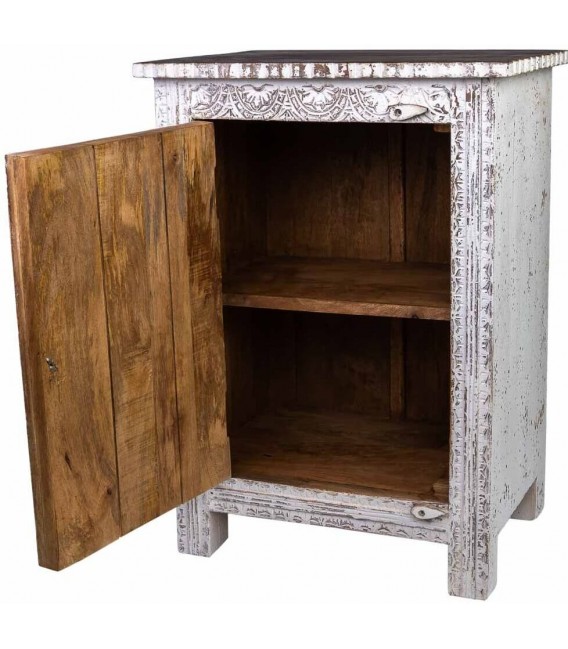 Mesita de noche étnica en madera de mango tallada blanco vintage 3