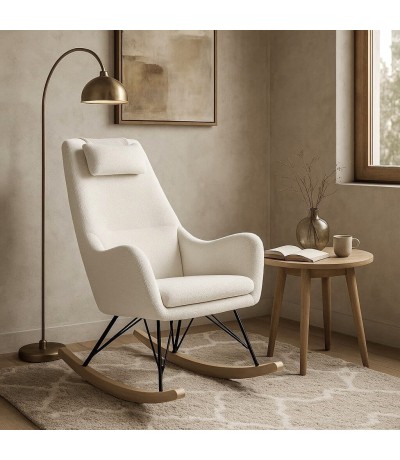 Sillón mecedora nórdico madera natural y tela chenilla blanca. Mdmhogar