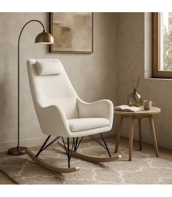 Sillón mecedora nórdico madera natural y tela chenilla blanca. Mdmhogar