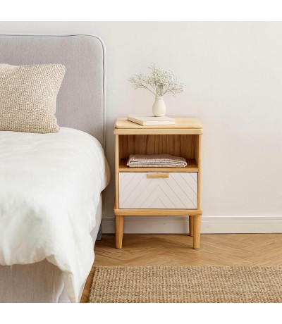 Mesita de noche de madera natural blanco cajón estilo moderno mdmhogar