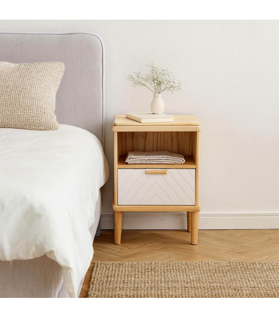 Mesita de noche de madera natural blanco cajón estilo moderno mdmhogar