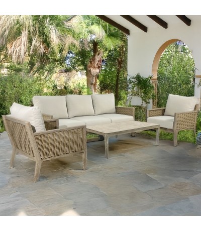 Set de exterior ratán natural con sofá mesa de centro y sillones mdmhogar