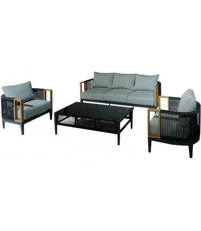 Set jardín aluminio cuerda negra madera cojines gris industrial