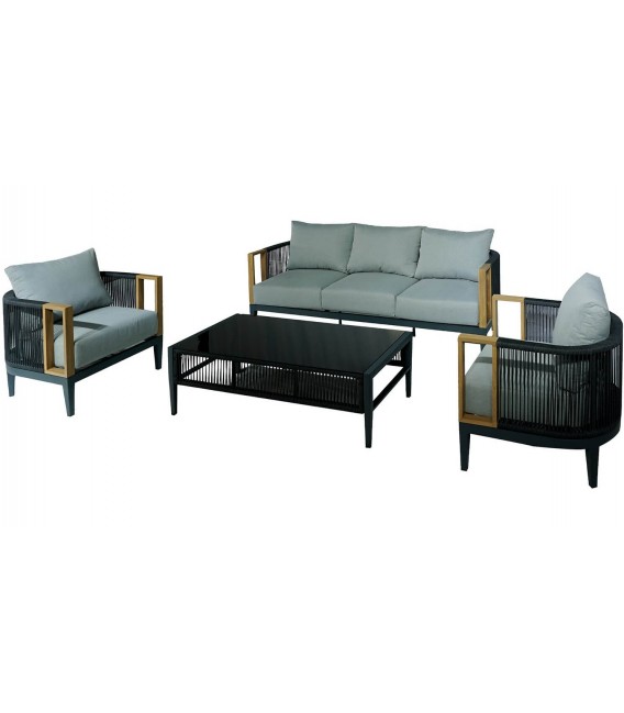 Set jardín aluminio cuerda negra madera cojines gris industrial