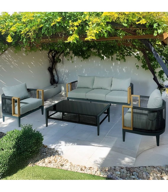 Set jardín aluminio cuerda negra madera cojines gris industrial mdmhogar
