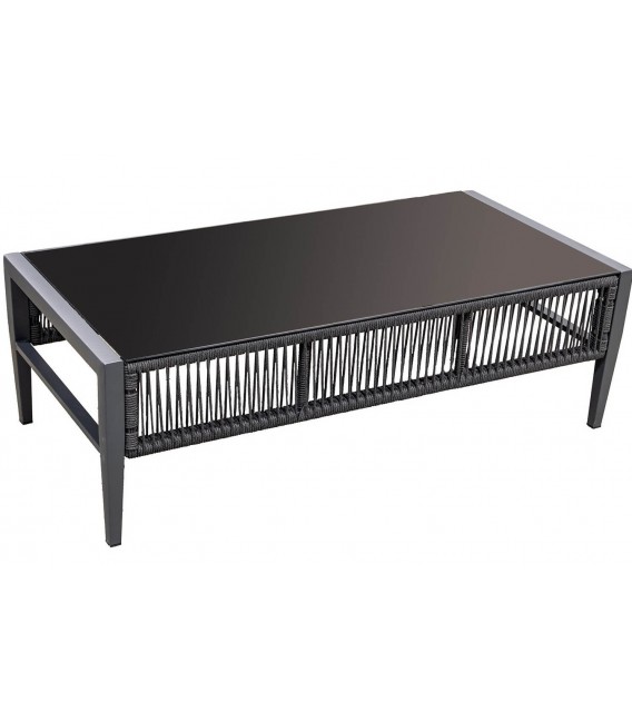 Set jardín aluminio cuerda negra madera cojines gris industrial 3